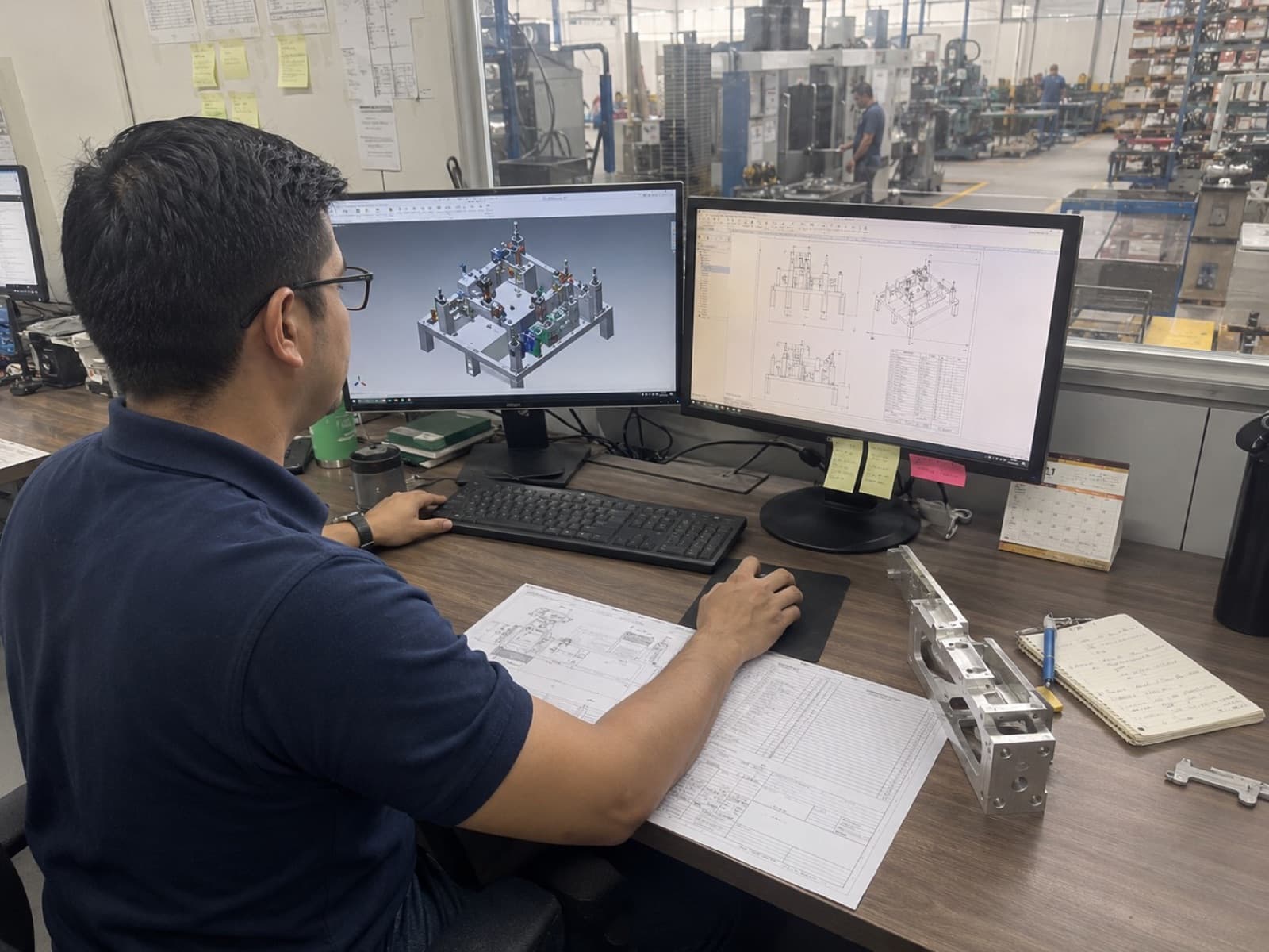 Engineer designing a fixture in CAD with the machined part on the desk